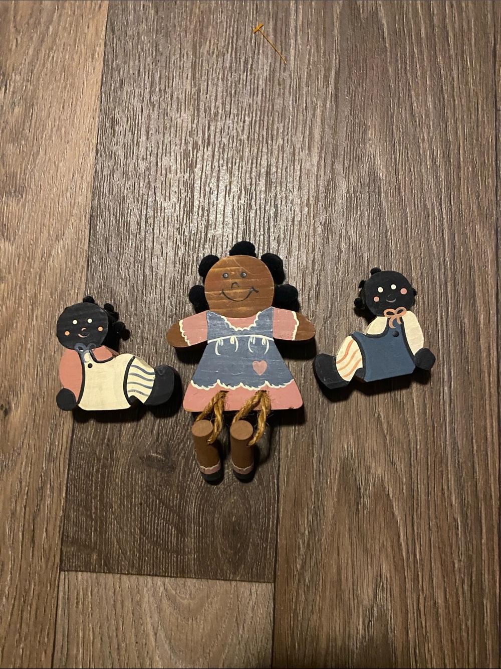 Hand Crafted Painted Wooden Doll Trio in Pink, Blue & Brown